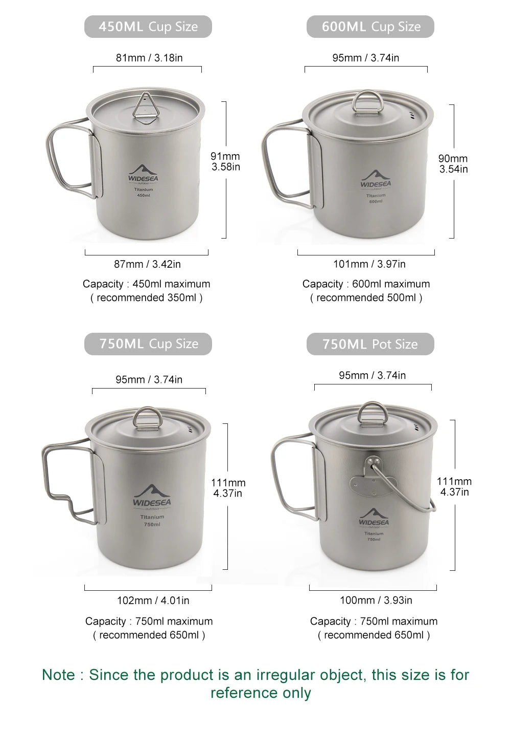 A size comparison chart showing four silver camping mugs with lids and handles, labeled 450ML Cup Size, 600ML Cup Size, 750ML Cup Size, and 750ML Pot Size, with measurements and capacities printed around each mug on a white background.