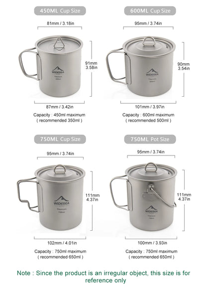 A size comparison chart showing four silver camping mugs with lids and handles, labeled 450ML Cup Size, 600ML Cup Size, 750ML Cup Size, and 750ML Pot Size, with measurements and capacities printed around each mug on a white background.