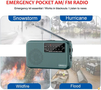 Emergency pocket AM/FM radio with scenarios like snowstorm, hurricane, wildfire, and flood displayed.