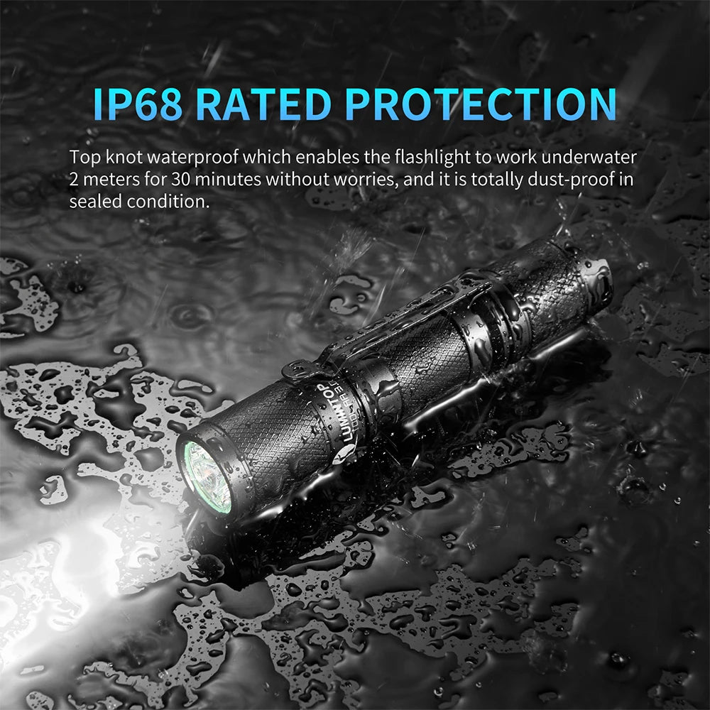 Flashlight underwater with IP68 rating text on a dark water background