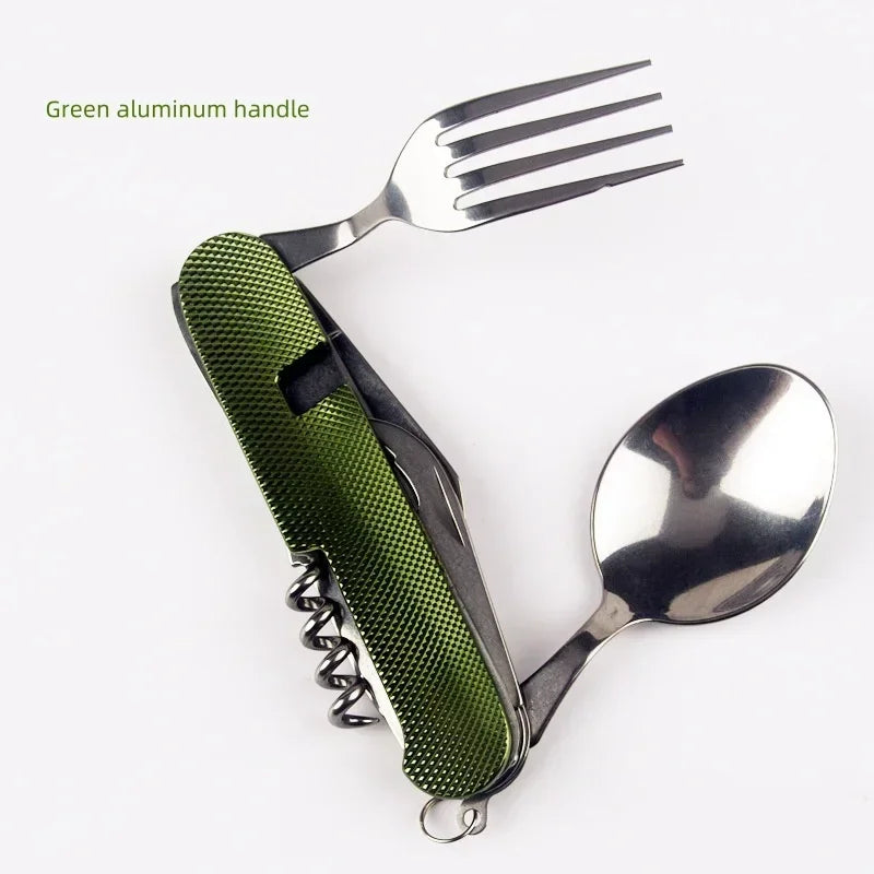 Multitool with green handle, fork, and spoon on a white background
