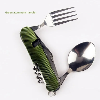 Multitool with green handle, fork, and spoon on a white background