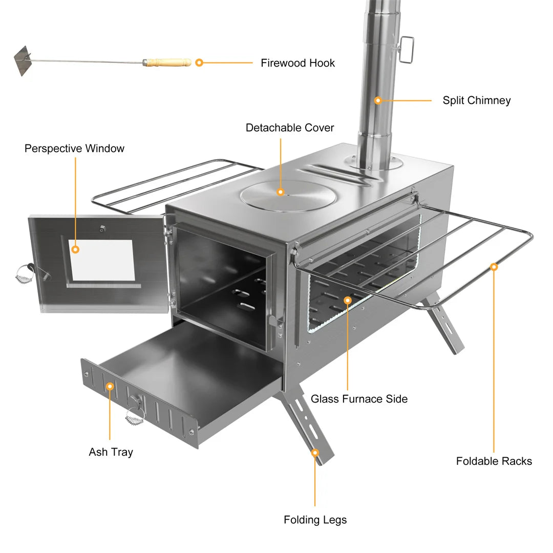Wood stove with labeled parts on a white background