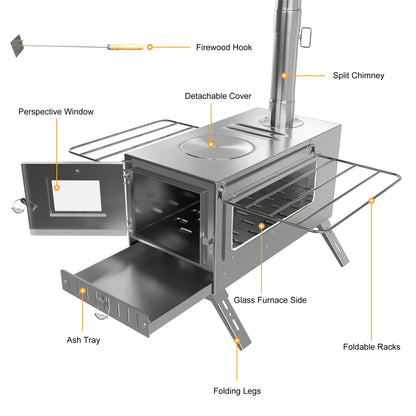 Wood stove with labeled parts on a white background