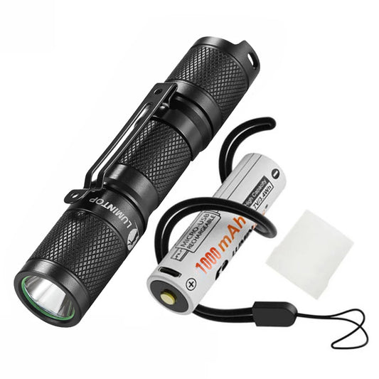 Black flashlight with battery and charger on a white background