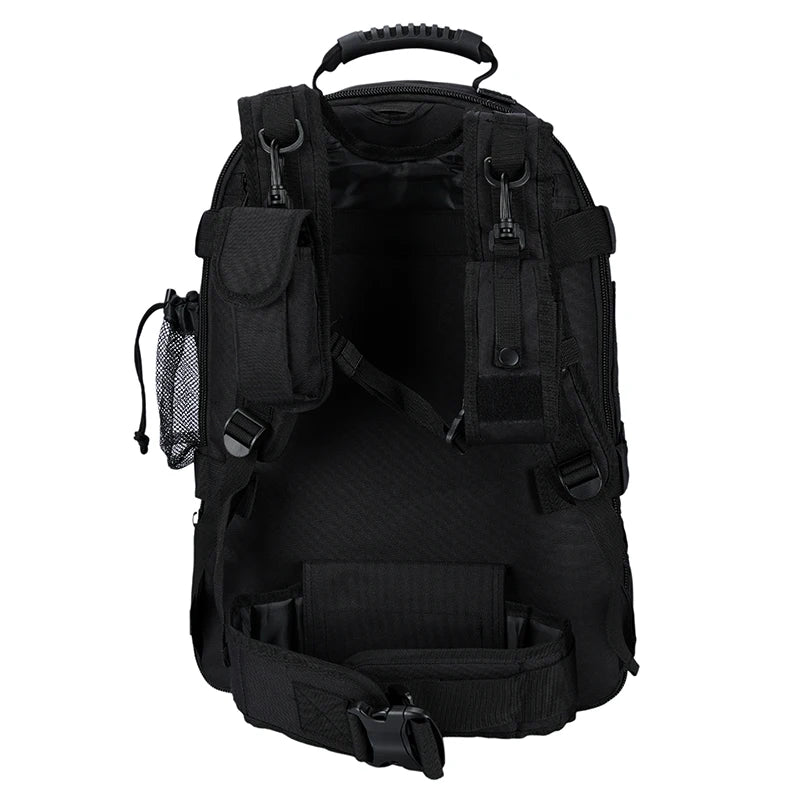 Black tactical backpack on a white background