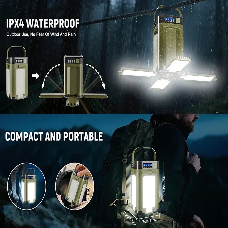A promotional composite for a compact lantern-style LED light with a folding panel. The top half shows the lantern hanging in the rain with text reading 'IPX4 WATERPROOF' and diagrams of the lantern from different angles.