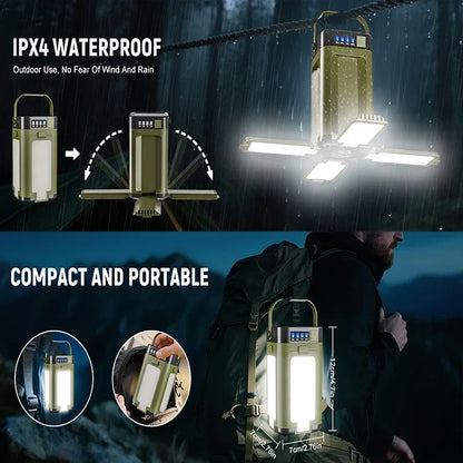 A promotional composite for a compact lantern-style LED light with a folding panel. The top half shows the lantern hanging in the rain with text reading 'IPX4 WATERPROOF' and diagrams of the lantern from different angles.