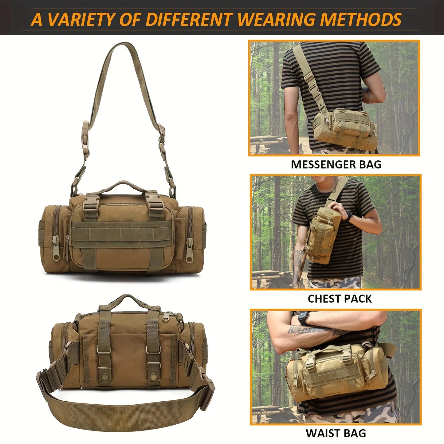 Tactical duffel bag with various wearing methods shown, including messenger, chest pack, and waist bag.