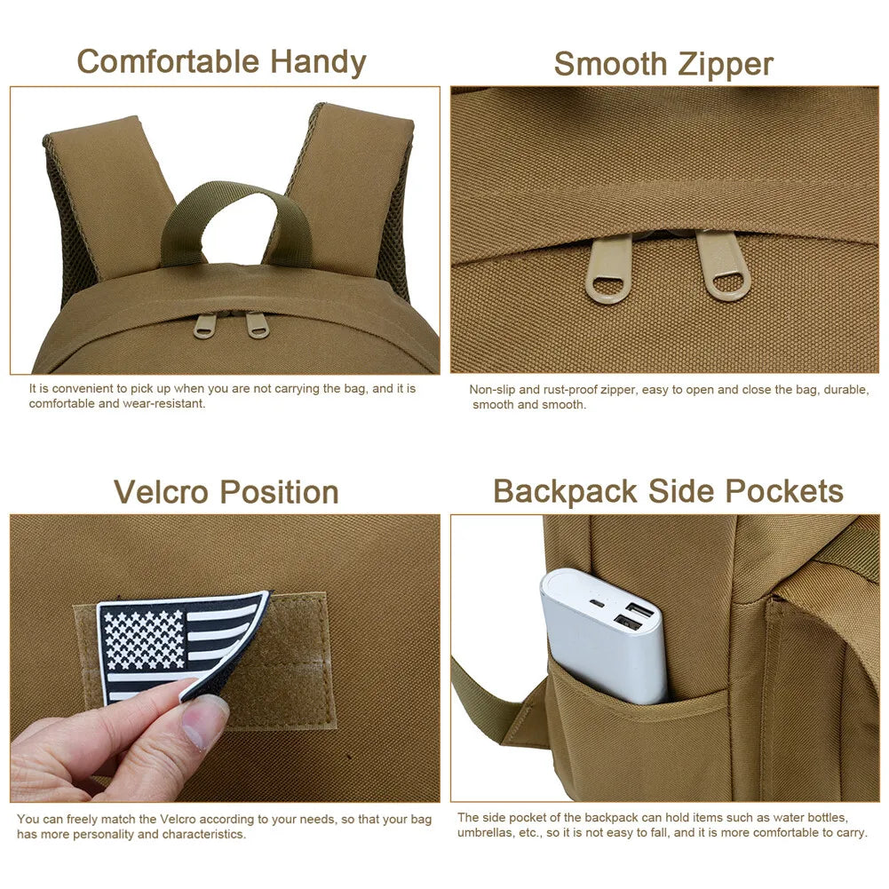 Brown backpack with features highlighted on a white background