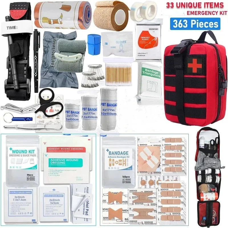 Collection of emergency kit items including bandages, tools, and a red and black bag on a white background.