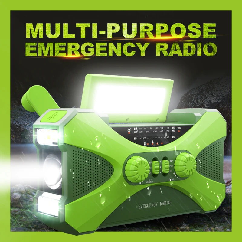 Green multi-purpose emergency radio with flashlight on a dark background