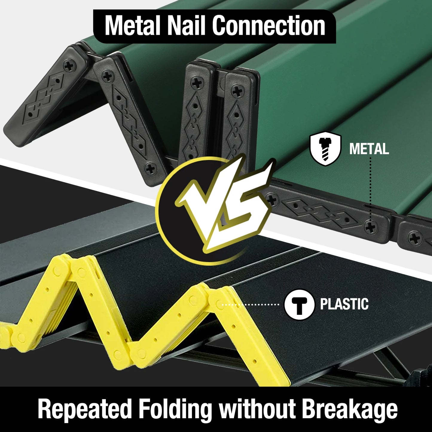 Comparison between metal and plastic nail connections with text highlighting durability.