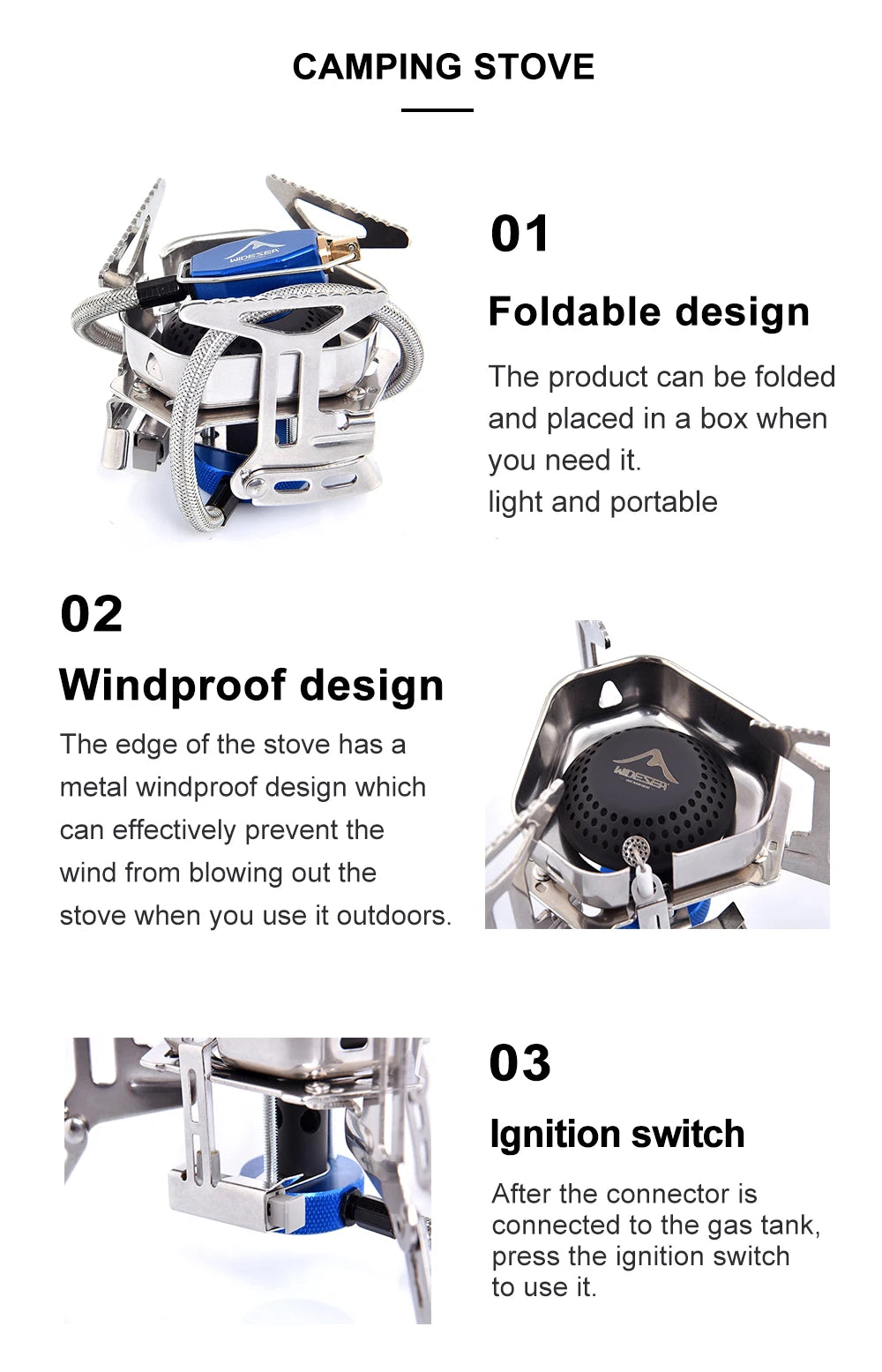 Camping stove with features highlighted on a white background