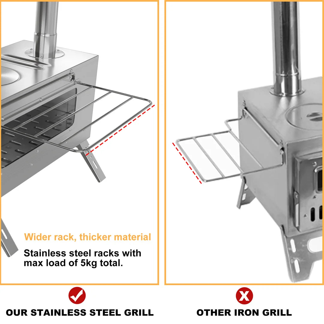 Stainless steel grill with wider rack and thicker material compared to iron grill