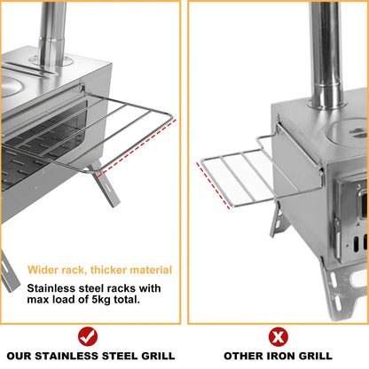 Stainless steel grill with wider rack and thicker material compared to iron grill