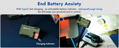 Product with charging indicator and passthrough feature on a blue background