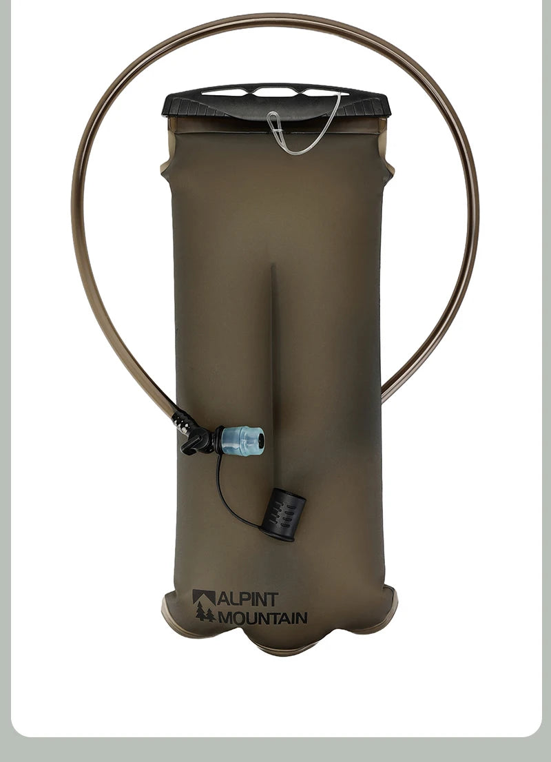 An olive drab aluminum water bottle with a black cap and a thin metal loop handle, featuring a small blue and black valve connector on the side. The brand 'ALPINE MOUNTAIN' is printed in black near the bottom.