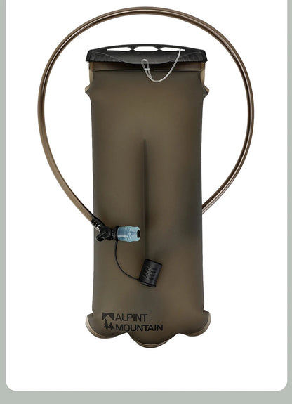 An olive drab aluminum water bottle with a black cap and a thin metal loop handle, featuring a small blue and black valve connector on the side. The brand 'ALPINE MOUNTAIN' is printed in black near the bottom.