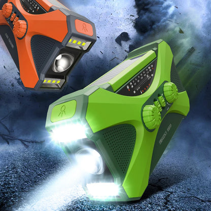 Two emergency radios, one green and one orange, on a dark, cracked surface.
