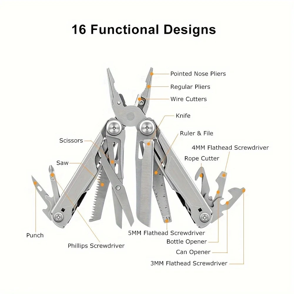 Multitool with labeled functions on a white background