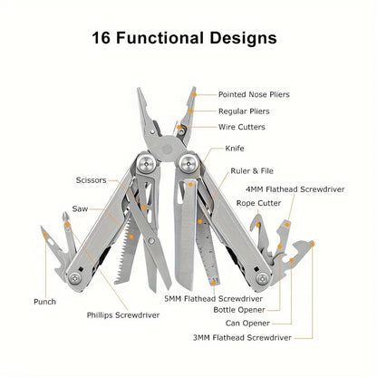 Multitool with labeled functions on a white background