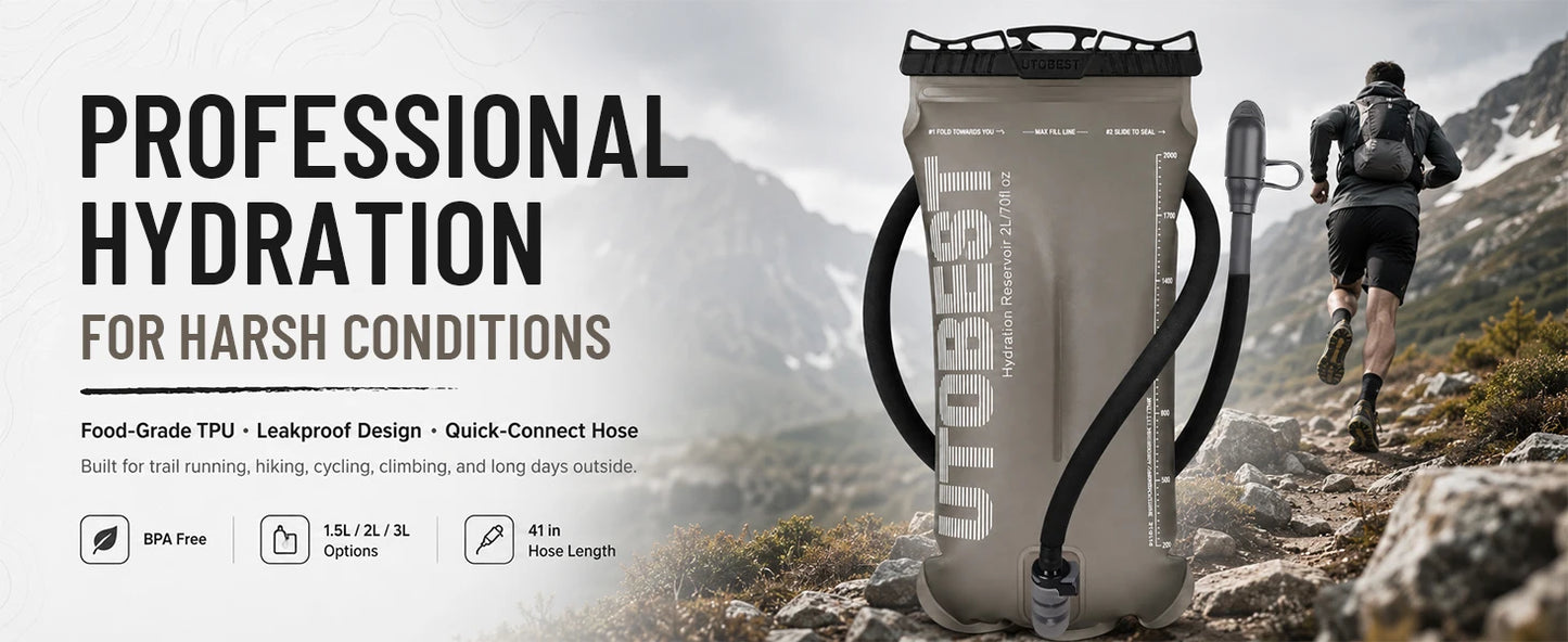 Hydration bladder with text about professional hydration for harsh conditions, set against a mountainous background.