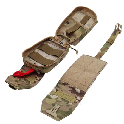 A tactical utility pouch in a multi-terrain camouflage pattern, shown open with its red zipper pull and a separate matching strap laid out on a white background.