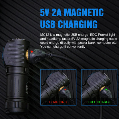 Black pocket light with USB charging cable on a dark textured background