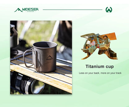 A promotional graphic for the WIDESEA Titanium cup, featuring a dark gray titanium camping mug on a wooden surface in a blurred outdoor setting, alongside a small illustration of a person hiking with camping gear and the text 'Titanium cup'.