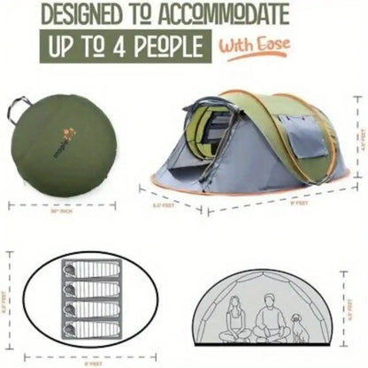 Camping tent with dimensions and features highlighted on a white background