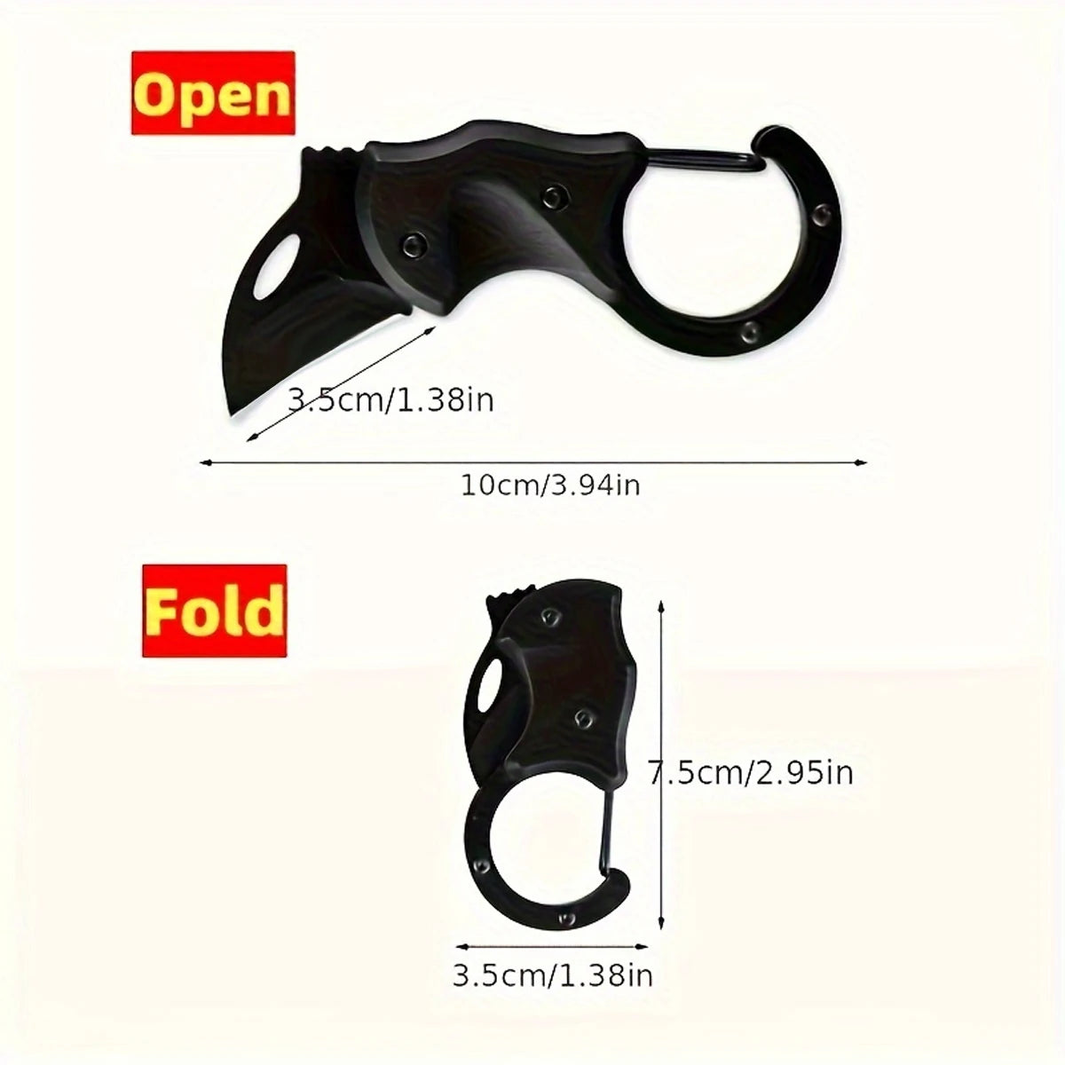 Black carabiner with open and folded views, showing measurements on a white background.