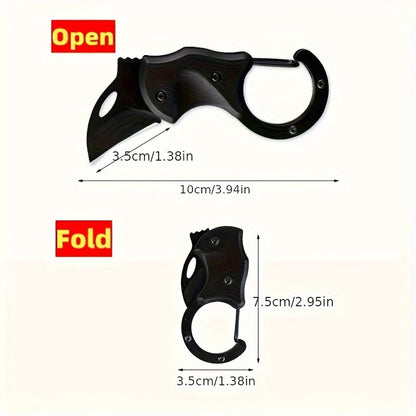 Black carabiner with open and folded views, showing measurements on a white background.