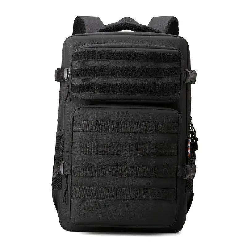Black tactical backpack on a white background
