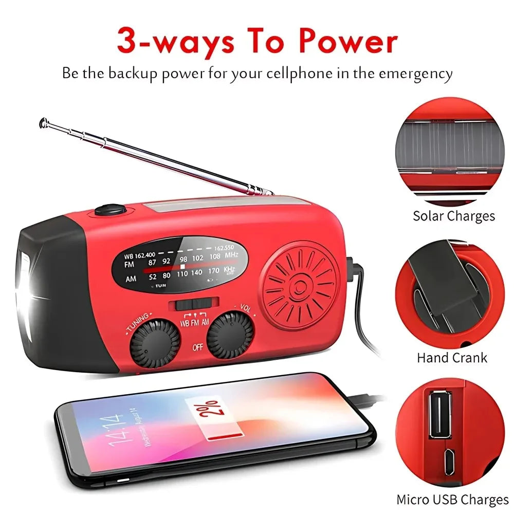 Red and black portable emergency radio with an extendable antenna, shown with a smartphone connected via USB and three circular callout graphics highlighting solar charging, hand cranking, and micro USB charging.