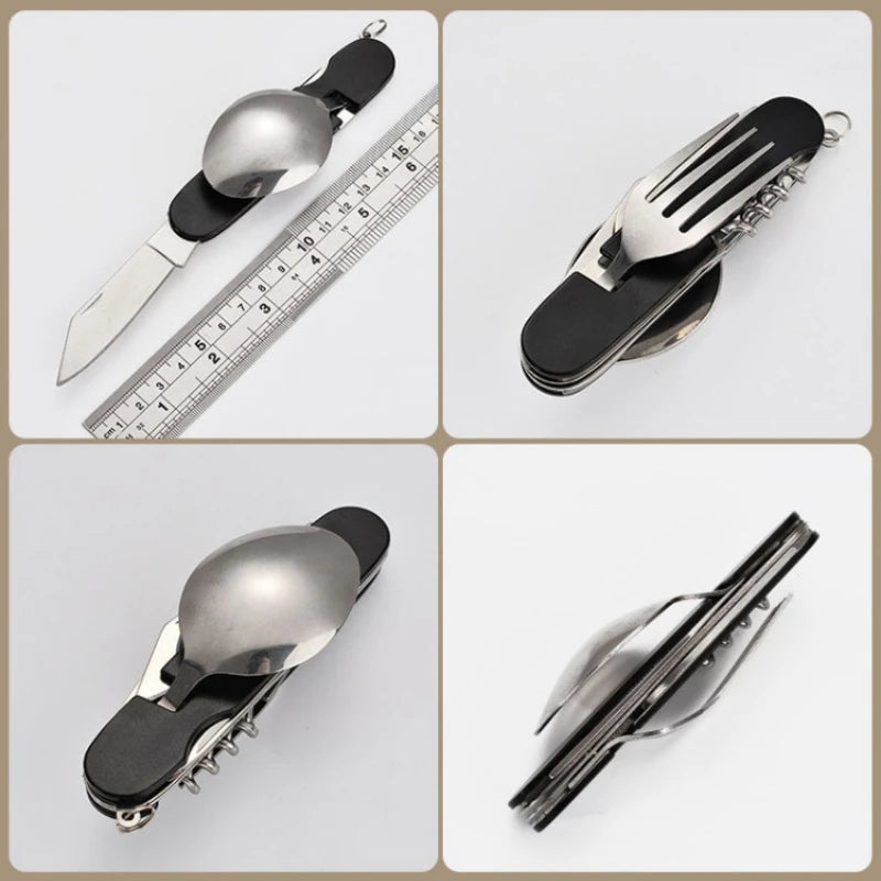Multifunctional tool with knife, spoon, and fork on a white background