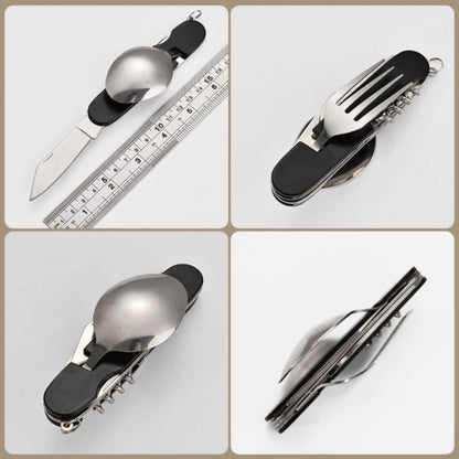 Multifunctional tool with knife, spoon, and fork on a white background