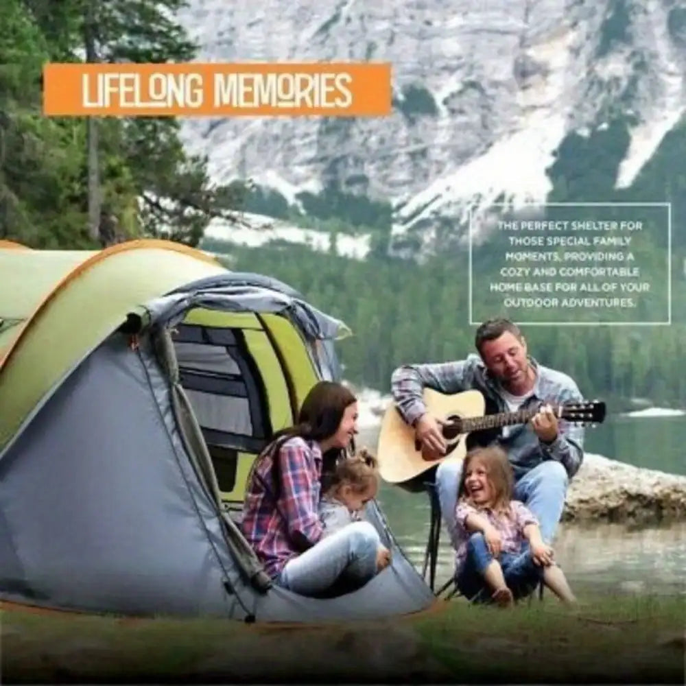 Family camping by a lake with mountains in the background, featuring text about 'Lifelong Memories'.