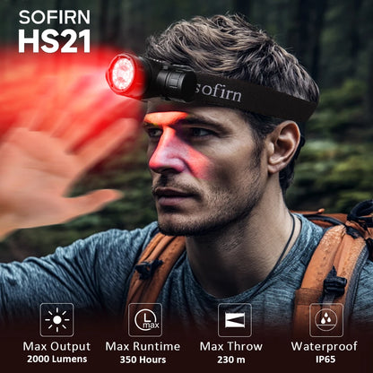 Person wearing a SOFIRN HS21 headlamp with specifications displayed.