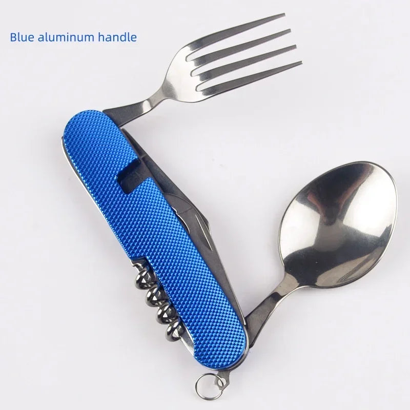 Multitool with blue handle and silver fork and spoon on white background