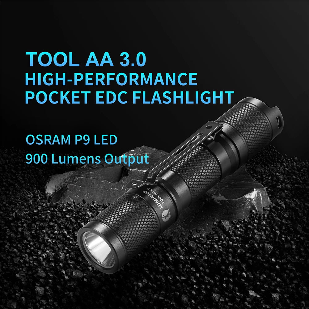High-performance pocket EDC flashlight with text on a dark background