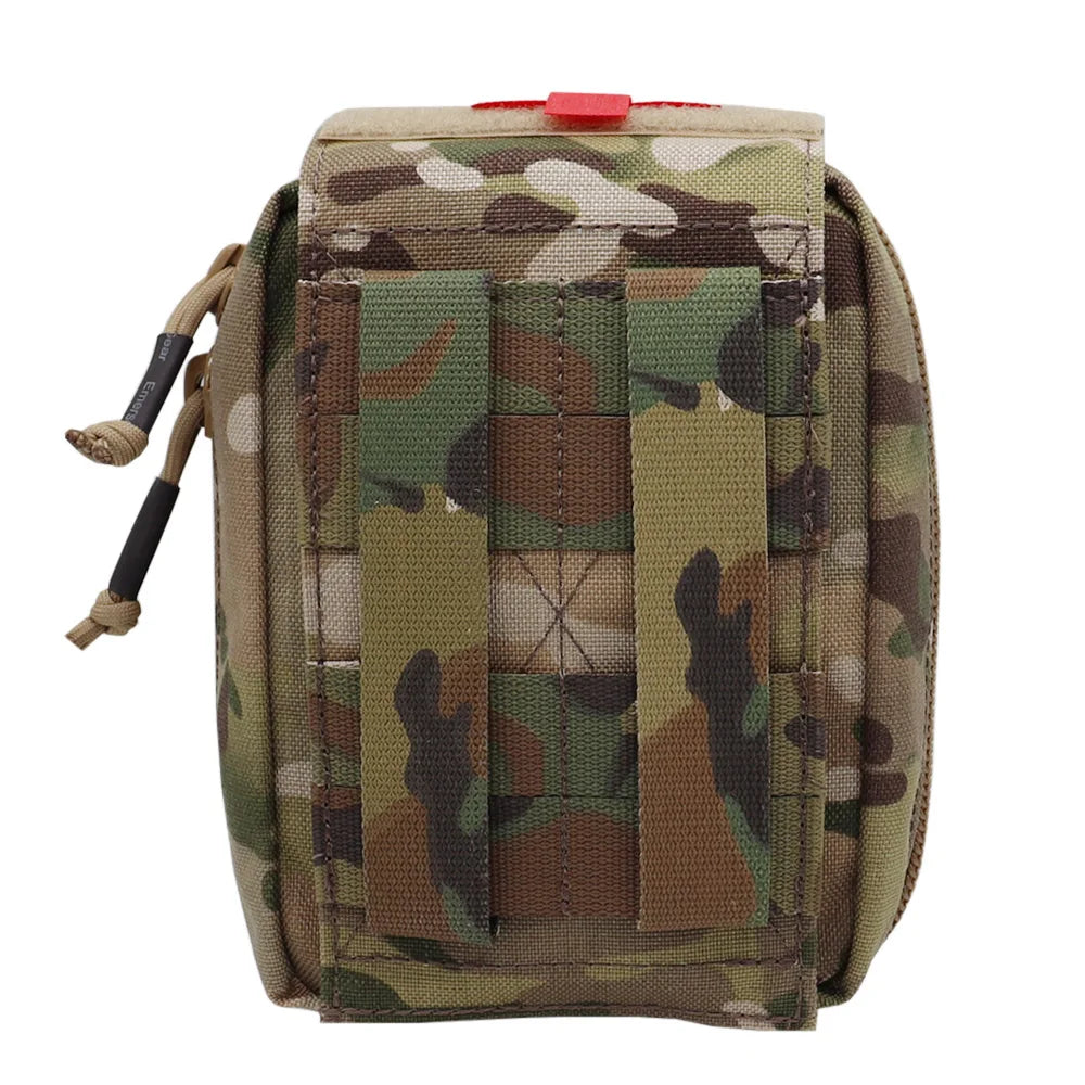 A tactical utility pouch in a multi-terrain camouflage pattern, featuring three vertical MOLLE webbing loops on the front, a drawstring zipper closure on the left, and a small red plastic toggle at the top, shown against a plain white background.