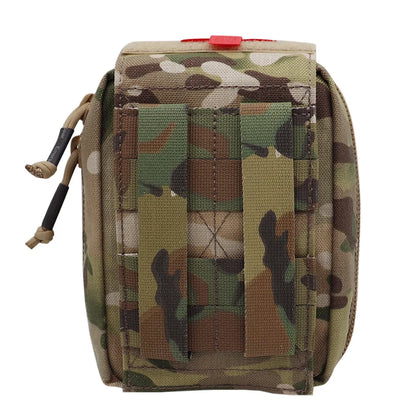 A tactical utility pouch in a multi-terrain camouflage pattern, featuring three vertical MOLLE webbing loops on the front, a drawstring zipper closure on the left, and a small red plastic toggle at the top, shown against a plain white background.