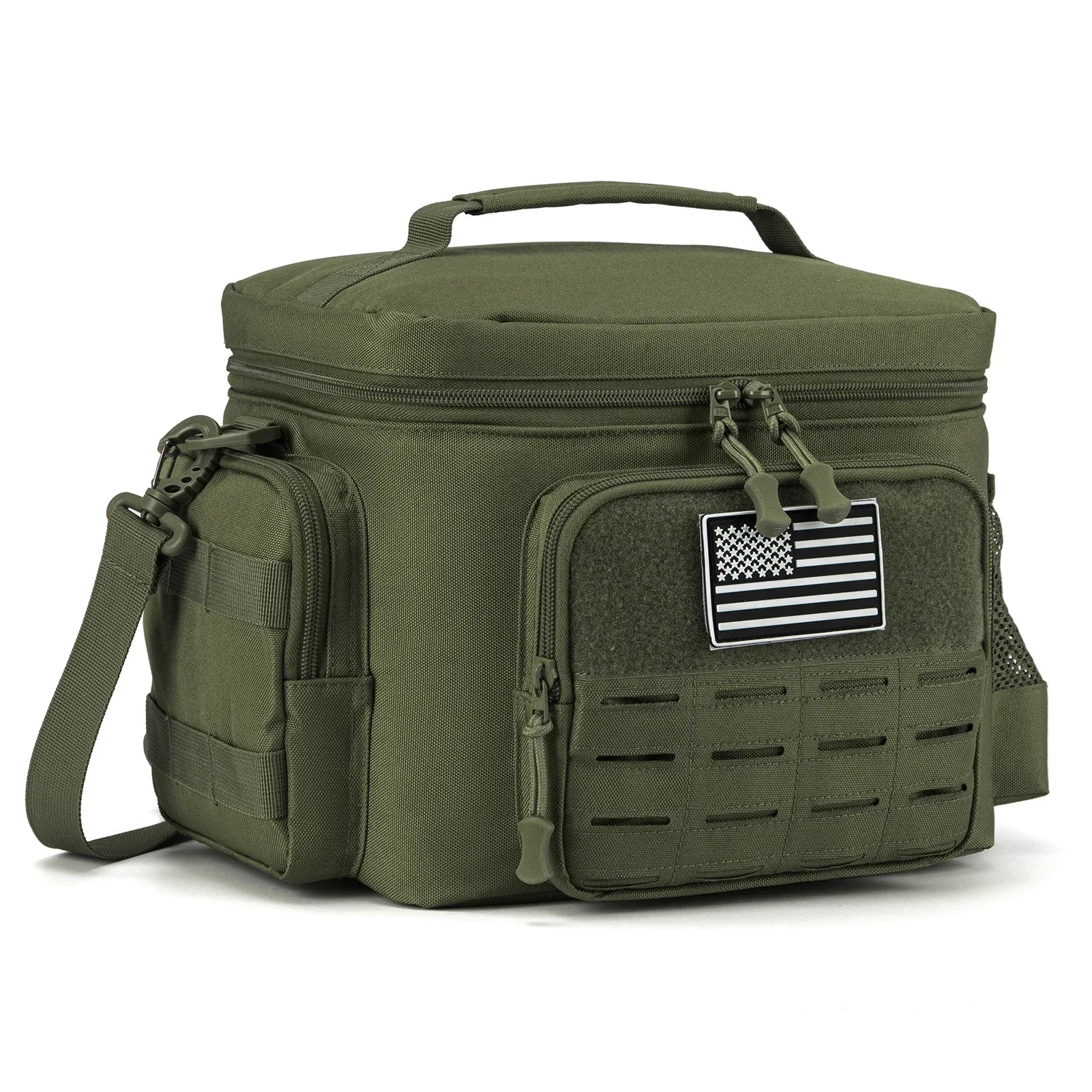 Green tactical cooler bag with American flag patch on a white background