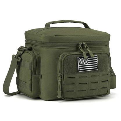 Green tactical cooler bag with American flag patch on a white background