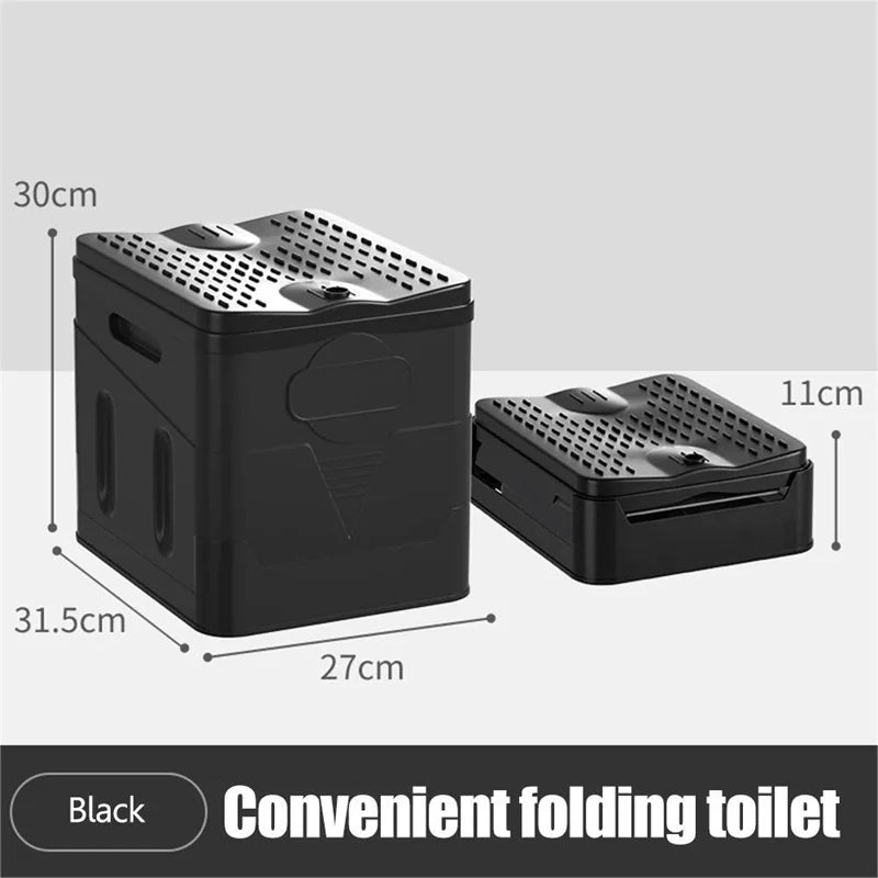 Black folding toilet with dimensions labeled on a gray background