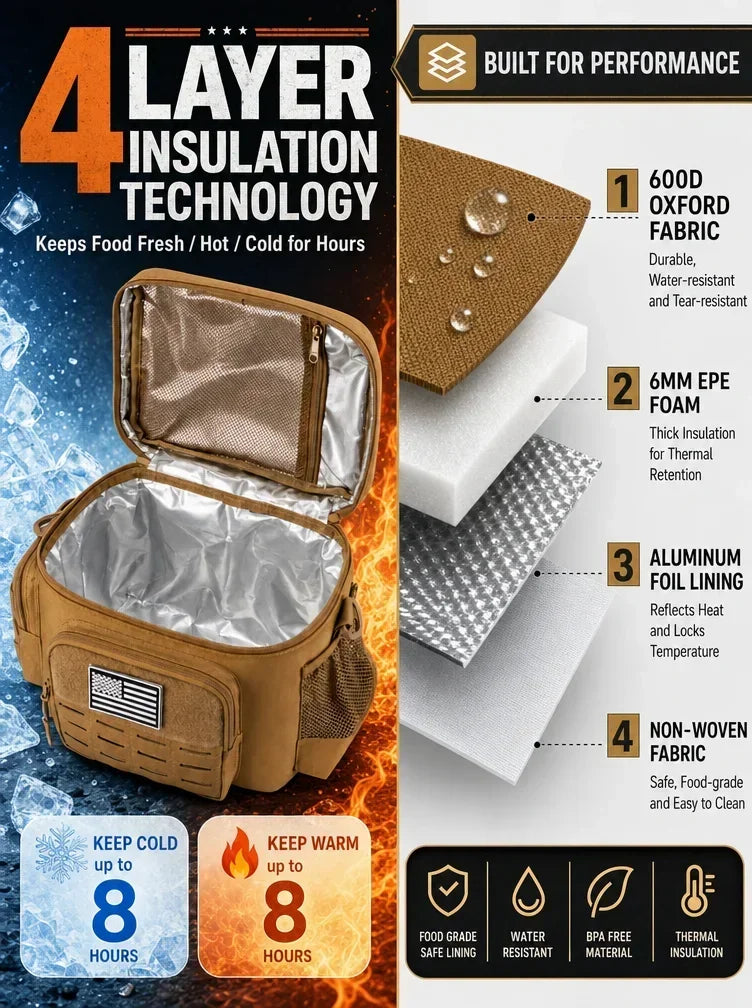 A promotional infographic for a tan insulated lunch bag showing its open interior and layered insulation details. The left side features the bag with a blue icy background and text highlighting 4-layer insulation, while the right side shows cross-sections of the fabric and foam layers with numbered callouts.