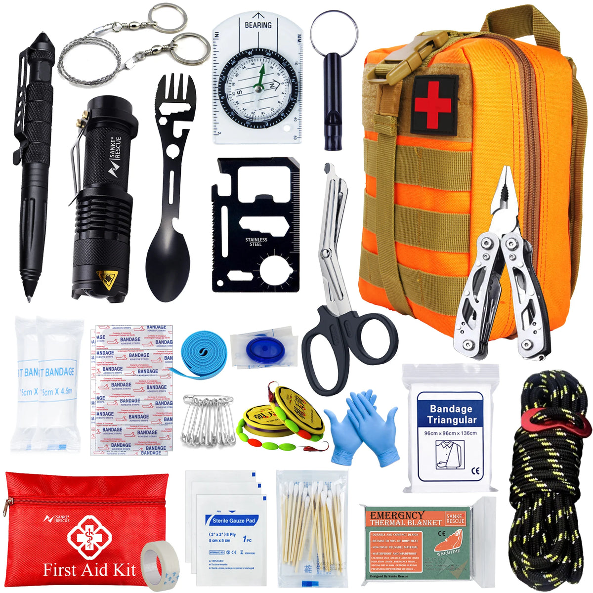 Collection of emergency survival tools and first aid items including a knife, flashlight, and bandages on a white background.