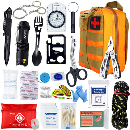 Collection of emergency survival tools and first aid items including a knife, flashlight, and bandages on a white background.
