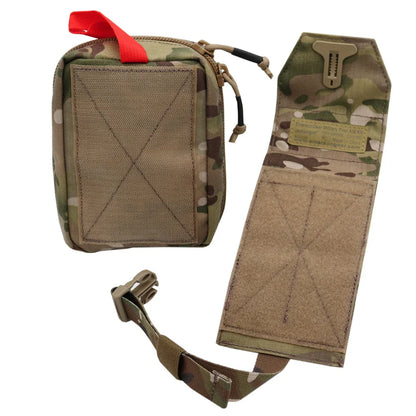 A tactical utility pouch in camouflage fabric, shown closed with a red loop tab and open to display the interior layout and hook-and-loop closure system, on a plain white background.